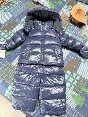 Polo Ralph Lauren Down Puffer Snow Suit 3 Pc  Mittens Jacket Pants 6 months EUC